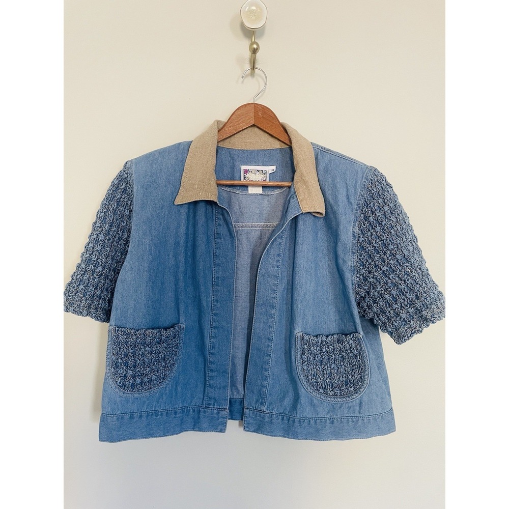 VTG Monique Fashions Denim Linen Cropped Boxy Open Front Shacket. Size 14.
